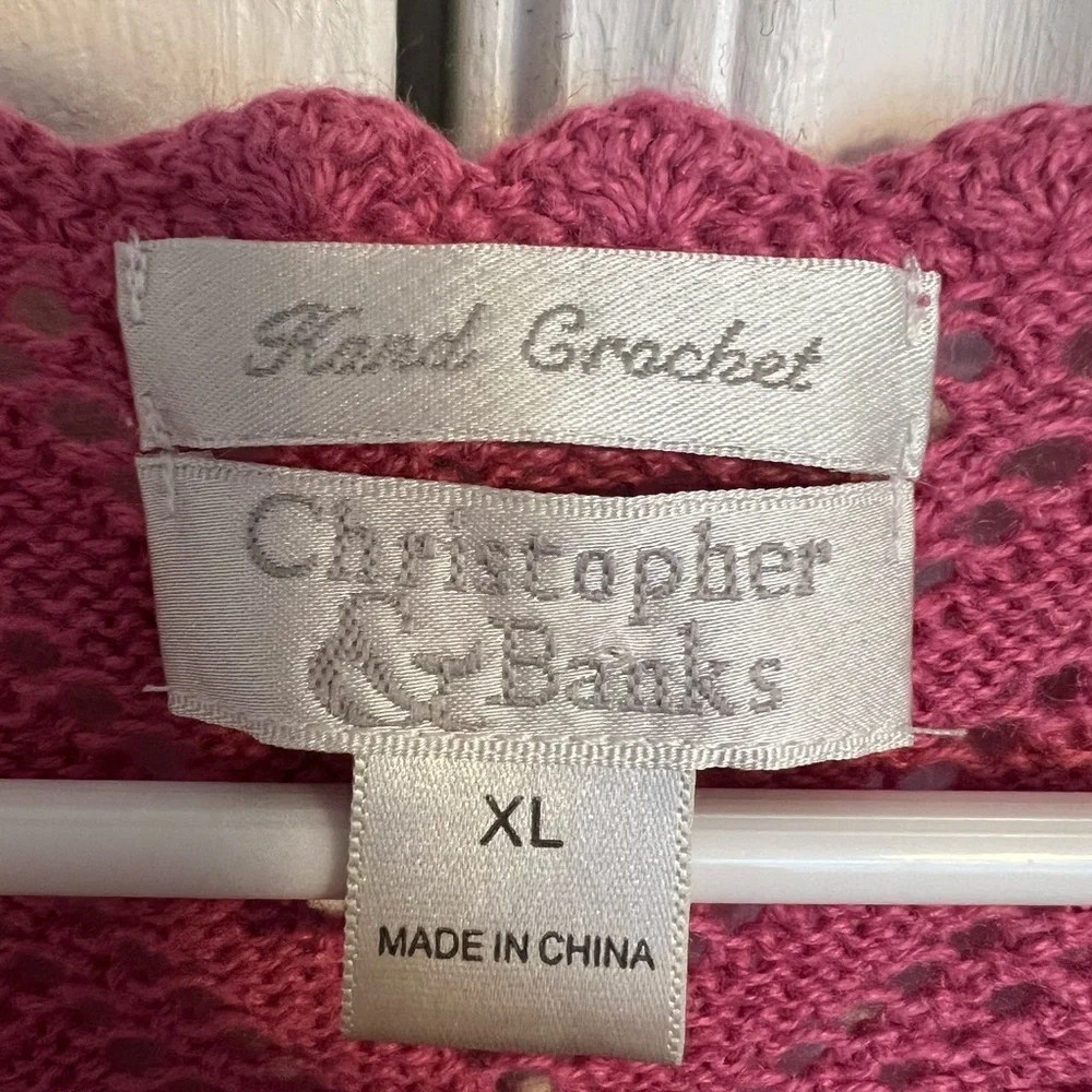 Christopher & Banks Vintage Pink Diamond Hand Crochet Cardigan Scalloped Open - Picture 4 of 6